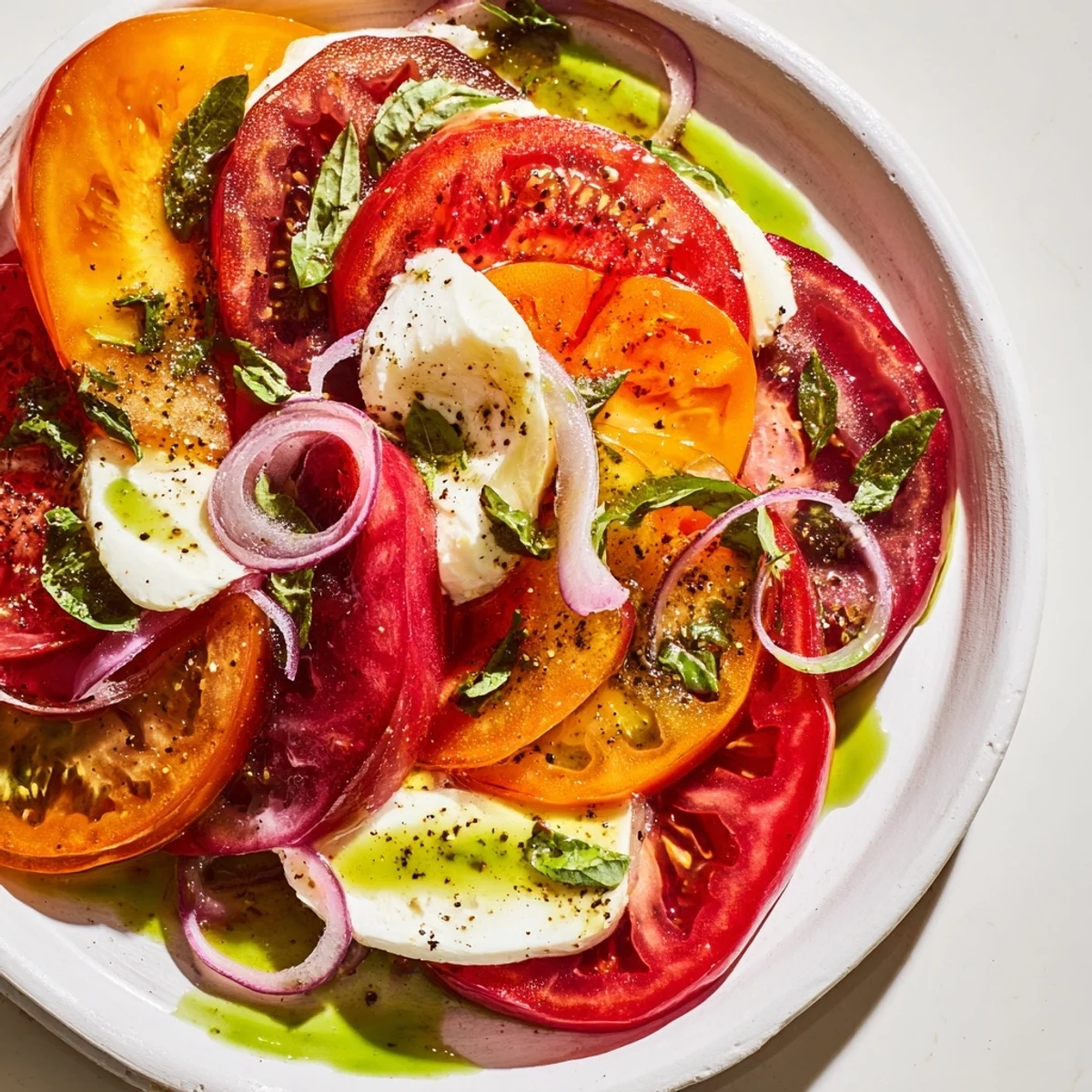 Vibrant Summer Tomato Salad with basil oil: juicy tomatoes, creamy mozzarella, and fresh basil.