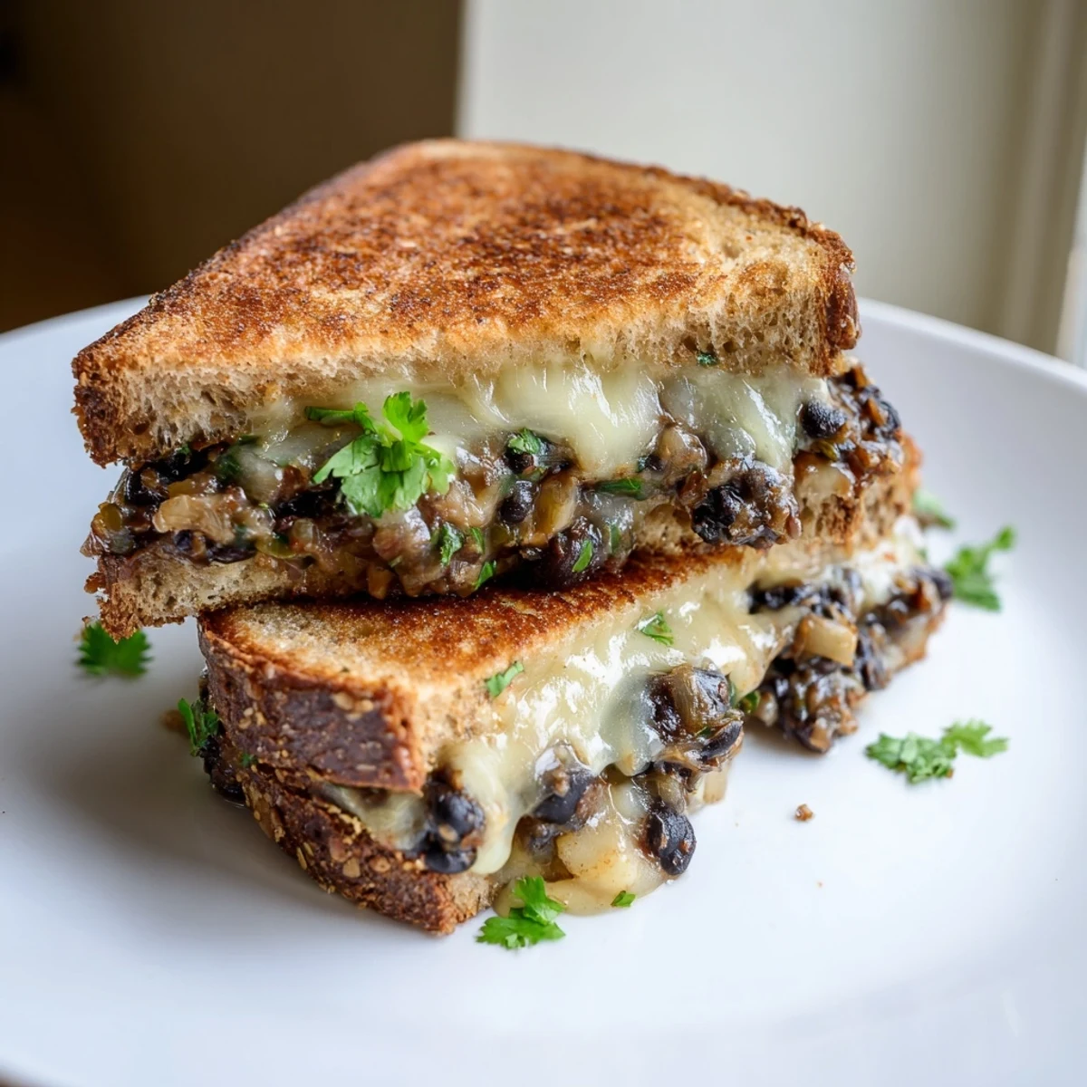 Warm, golden-brown Black Bean Grilled Cheese sandwich cut open, showing melty cheese and black bean filling.