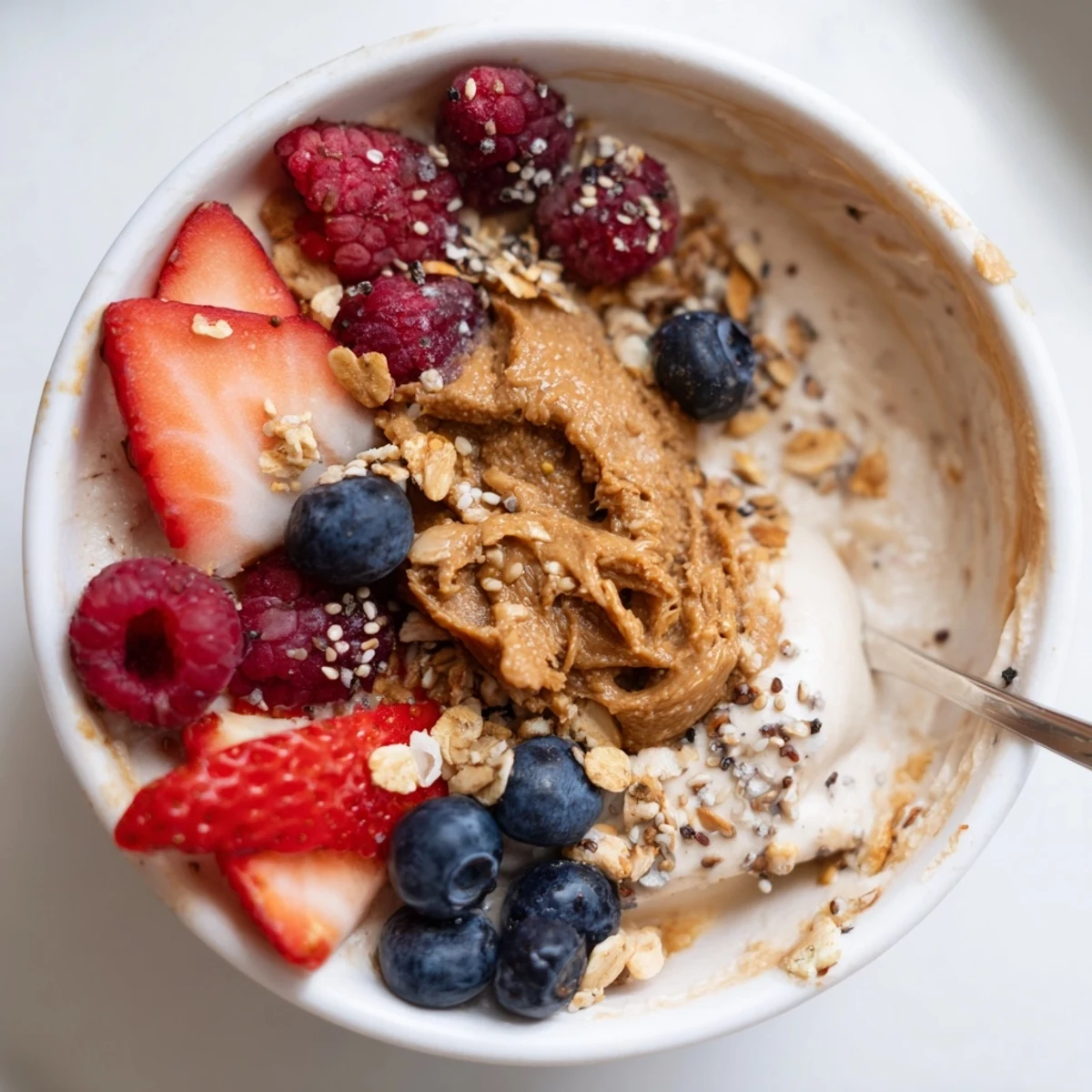 Vibrantly colored Protein Ice Cream Bowls, swirling with banana and berry toppings, ready to enjoy.
