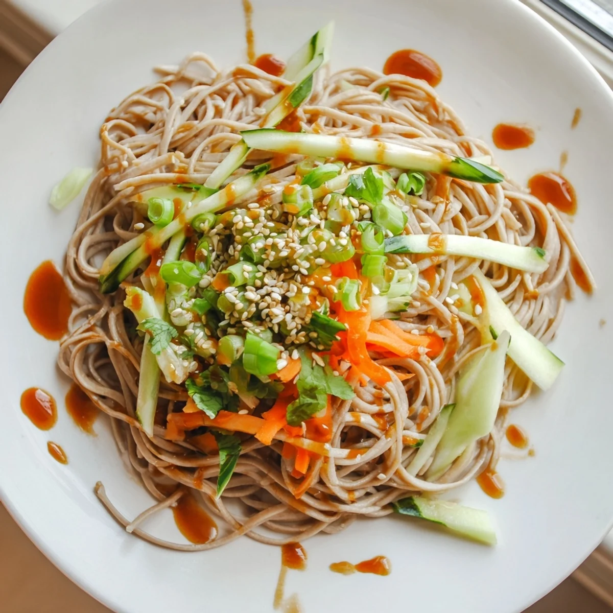 Vibrant photo of Chilled Noodle Lunch Cups, showcasing colorful julienned vegetables atop cold, savory noodles.