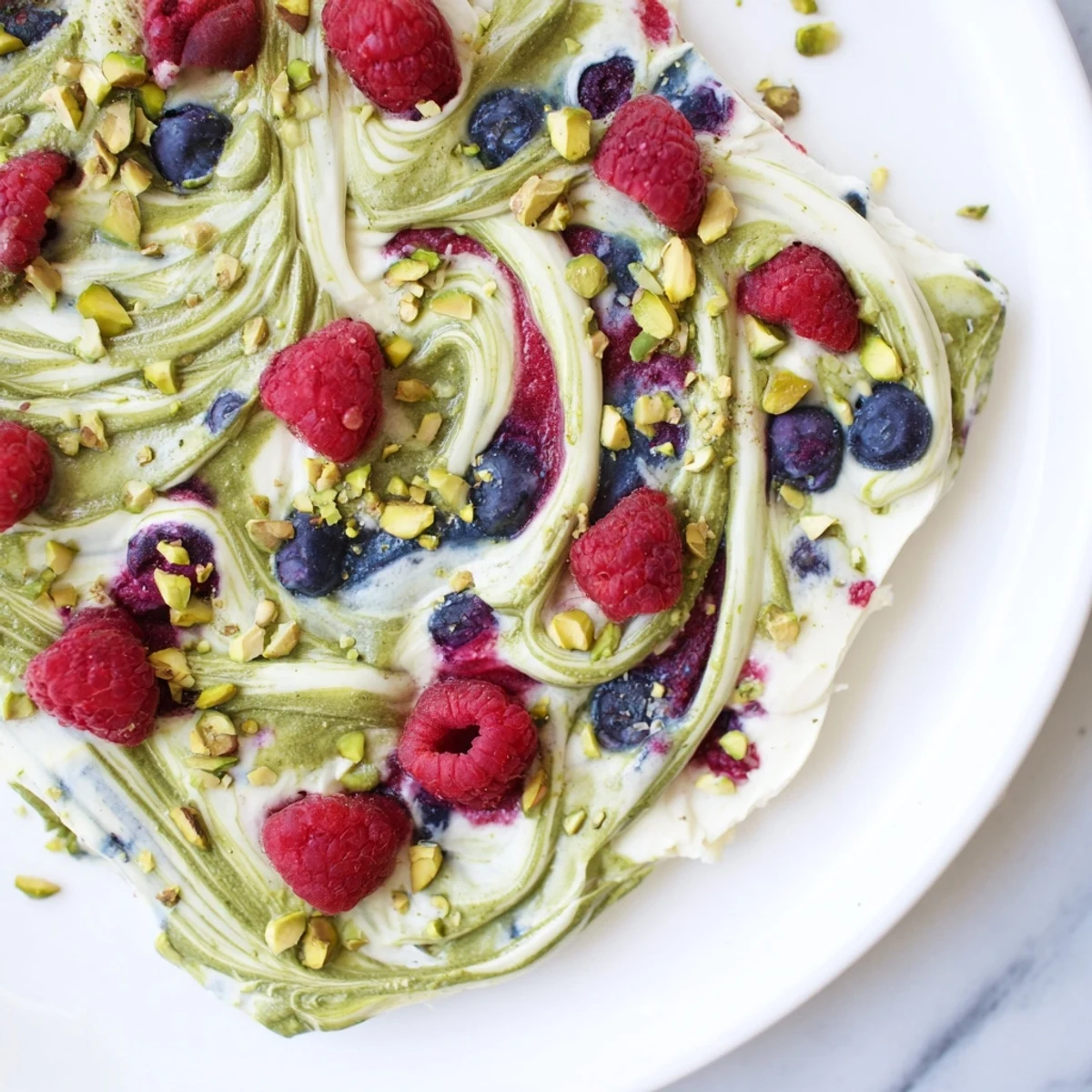Creamy and colorful frozen yogurt bark, swirled with matcha and bursting with fresh berries, a delightful treat.