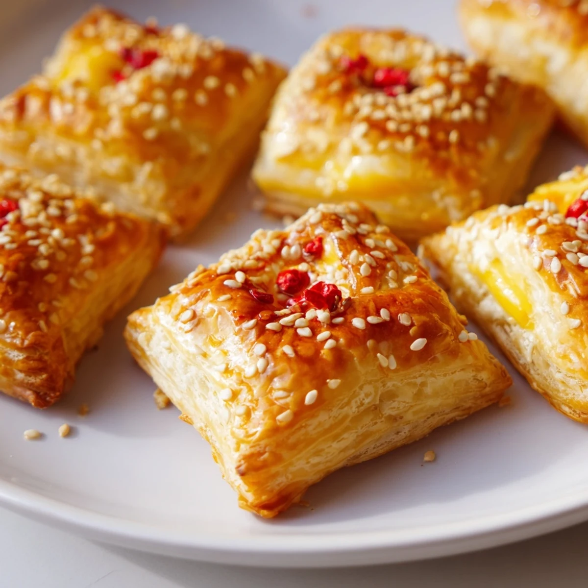 Golden, flaky Chili Crisp Honey Brie Bites, warm and oozing melty cheese and spicy honey.