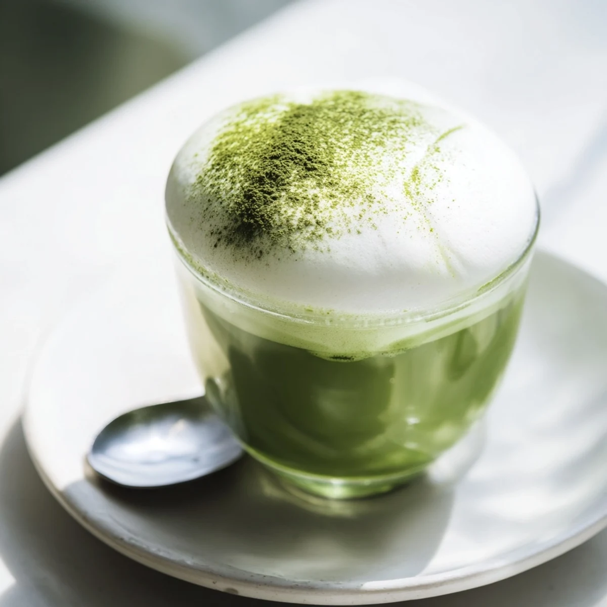 A creamy matcha latte awaits, with a cloud of sweet, fluffy cold foam right on top!