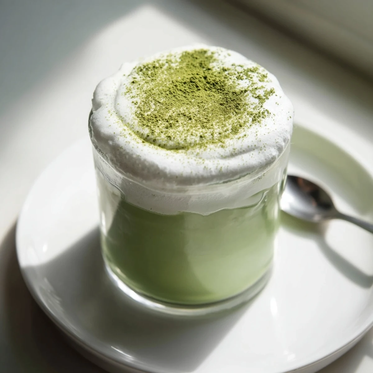 Bright green creamy matcha latte, frothy and inviting, resting in a clear glass, ready to enjoy.