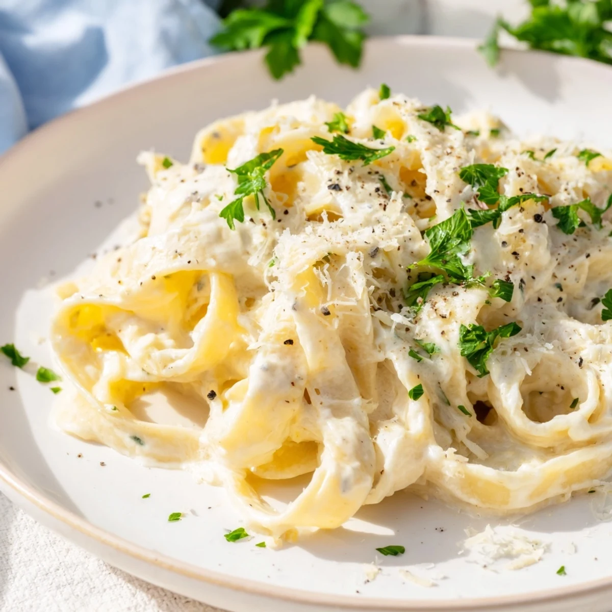 Smooth and creamy Cottage Cheese Alfredo Sauce, perfect for coating pasta, garnished with fresh parsley.