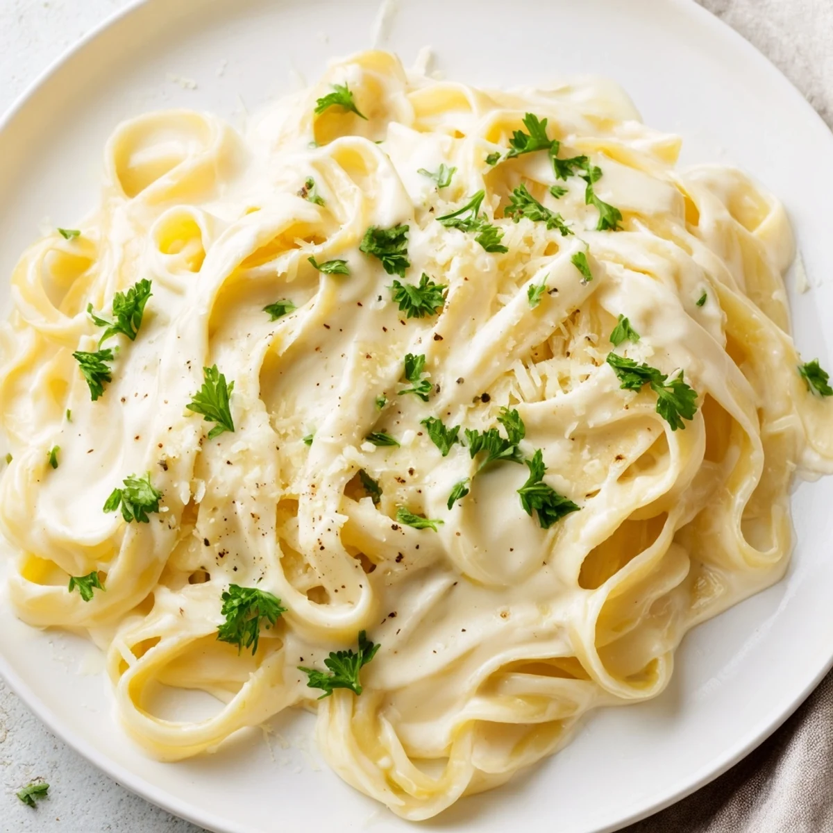 A close-up of golden Cottage Cheese Alfredo Sauce, offering a lighter take on the classic Alfredo.