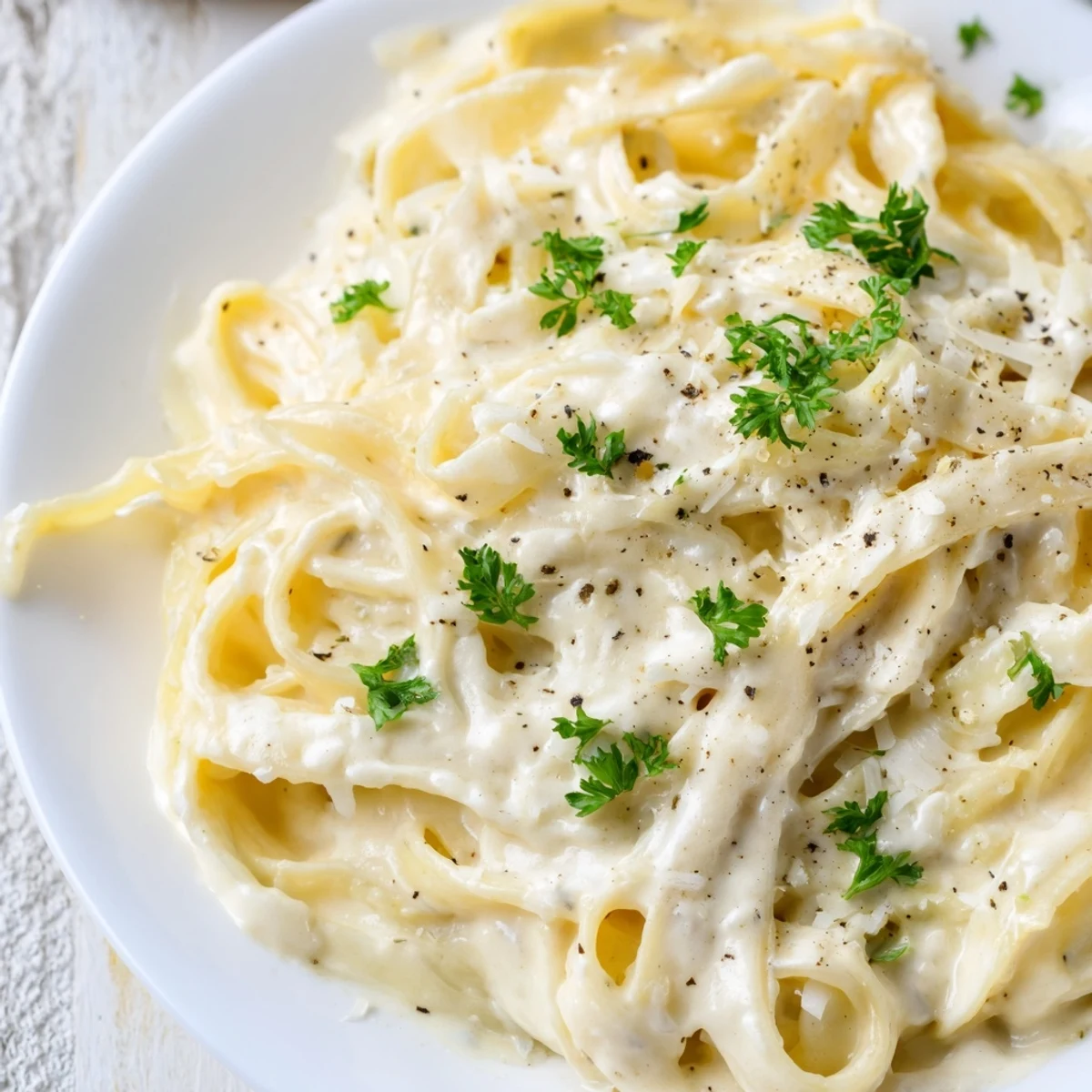 Freshly made Cottage Cheese Alfredo Sauce being poured over pasta, a quick and easy Italian meal.
