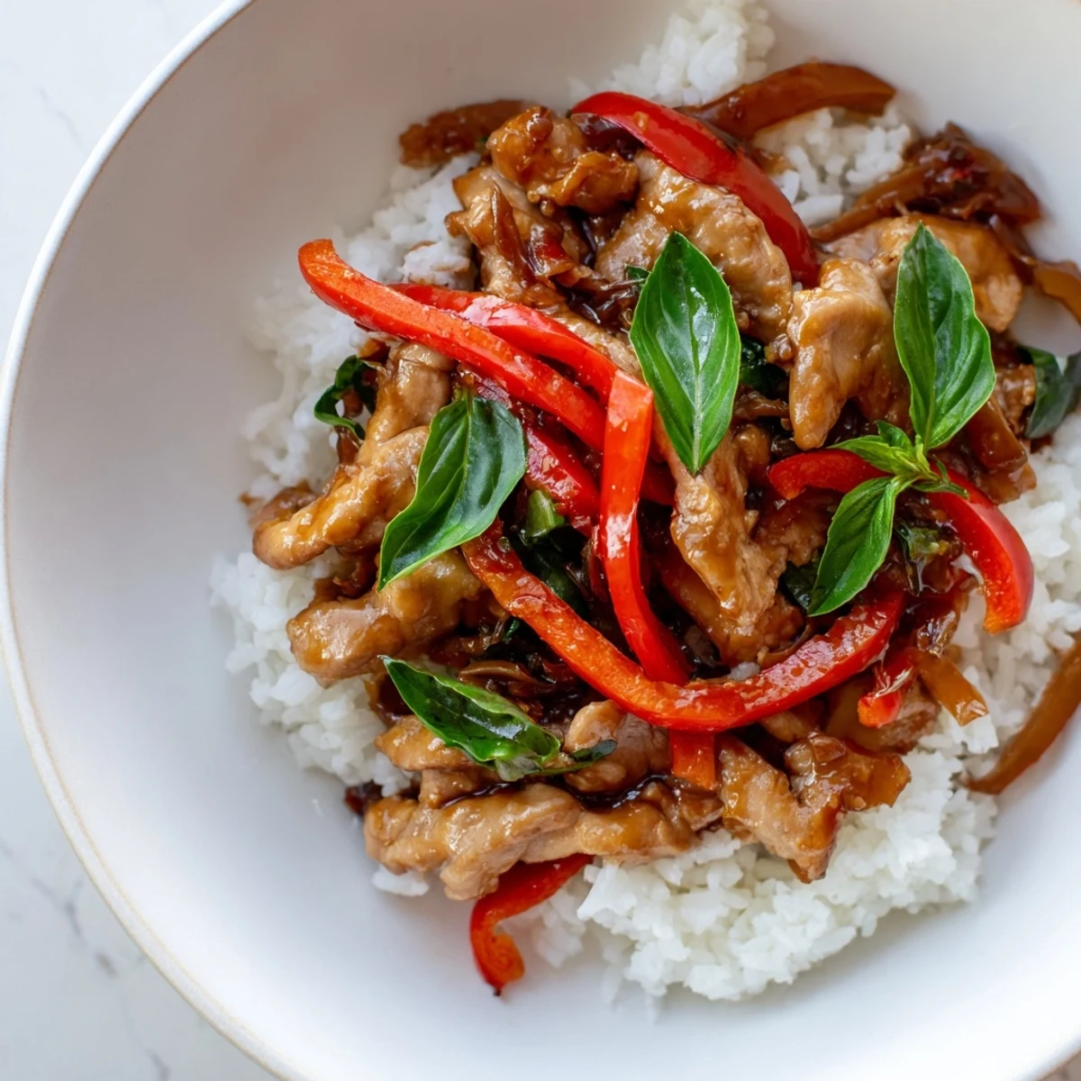 Steaming Thai Basil Chicken Bowls, a colorful explosion of flavors with fluffy rice and fresh basil.