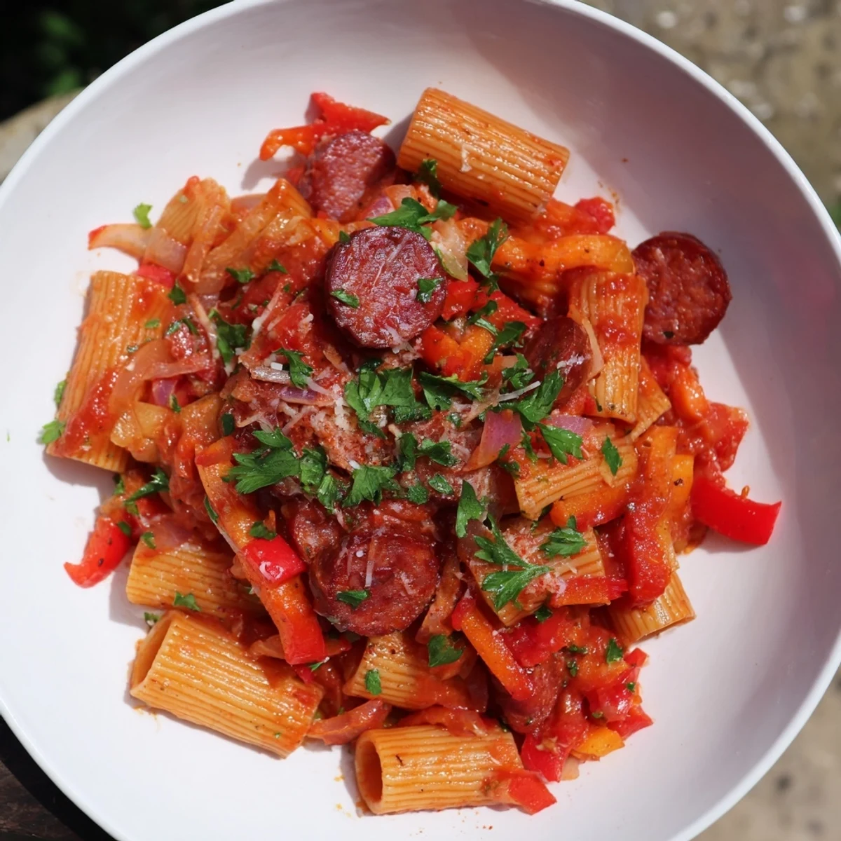 A visually enticing bowl of Spanish chorizo pasta with vibrant tomatoes, perfect for a weeknight dinner.