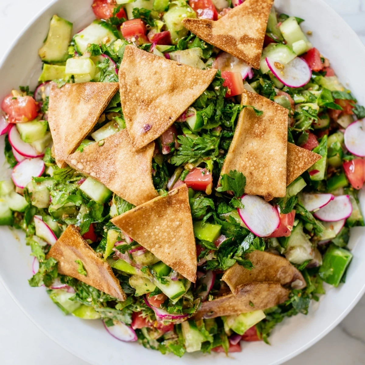 Vibrant Lebanese Fattoush salad with crispy pita chips, fresh herbs, and a tangy dressing.