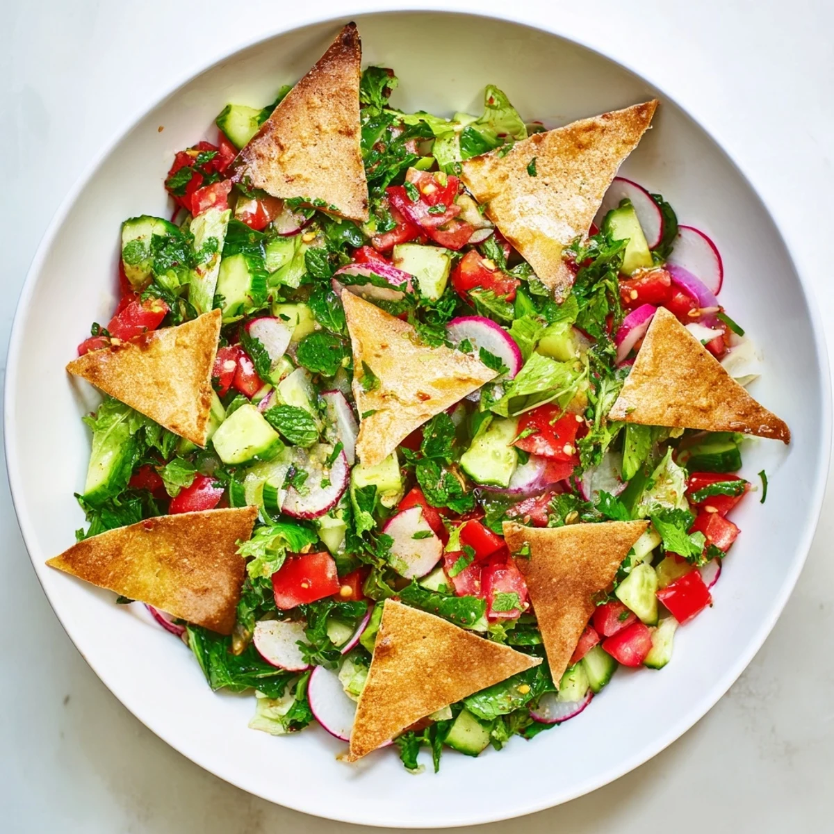 A colorful bowl of Lebanese Fattoush featuring chopped vegetables and crunchy pita, ready to serve.