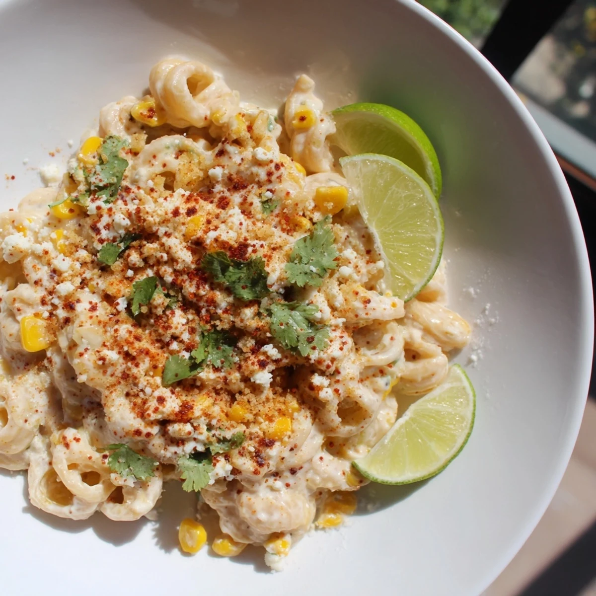 A bowl of Mexican Street Corn Pasta, creamy and colorful, ready to be enjoyed.