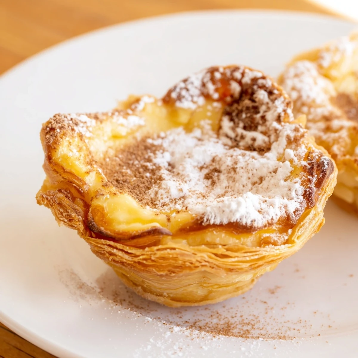 Golden-brown Portuguese Egg Tarts, fresh from the oven, with a creamy, cinnamon-spiced custard filling.