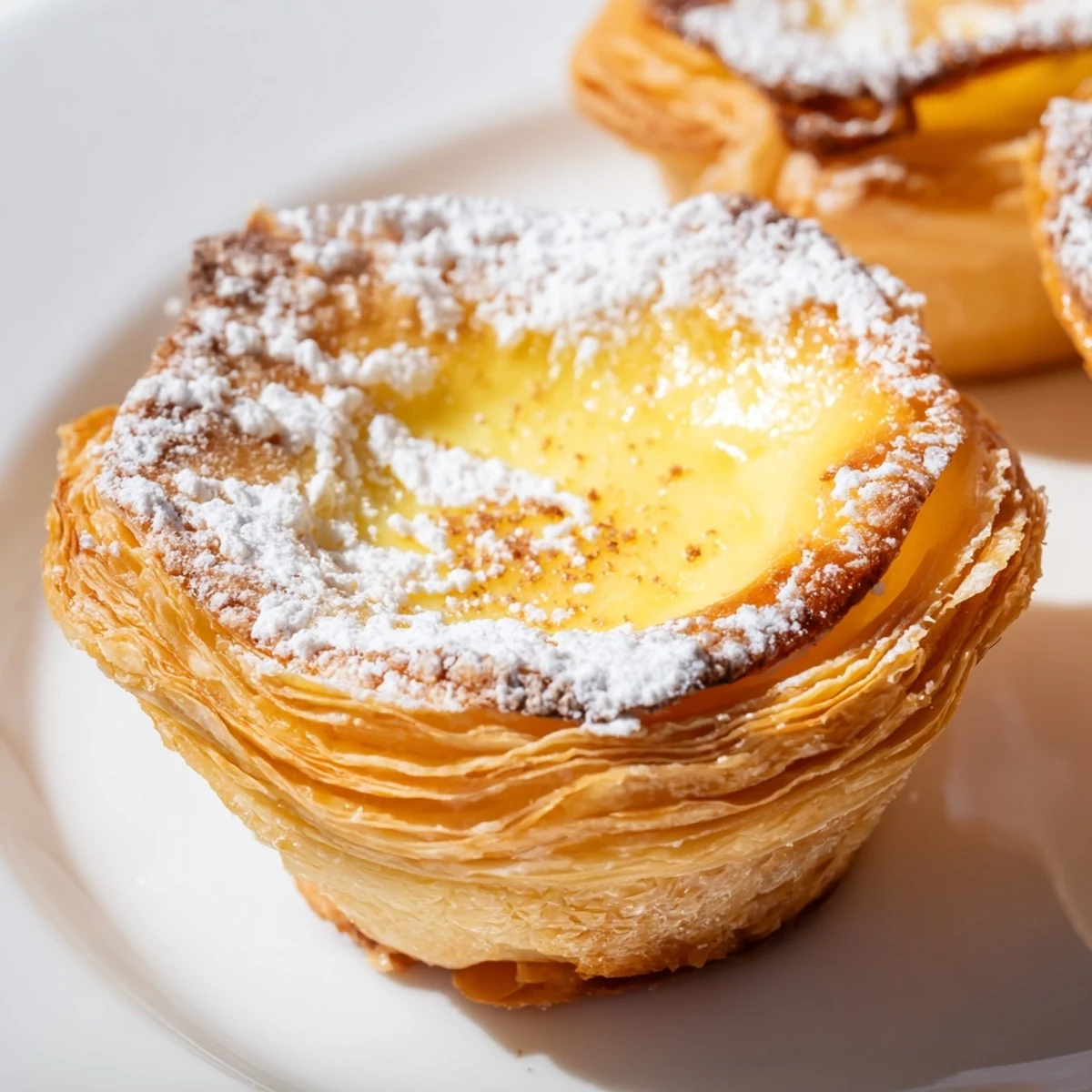 A close-up view of perfectly baked Portuguese Egg Tarts dusted with cinnamon and powdered sugar.