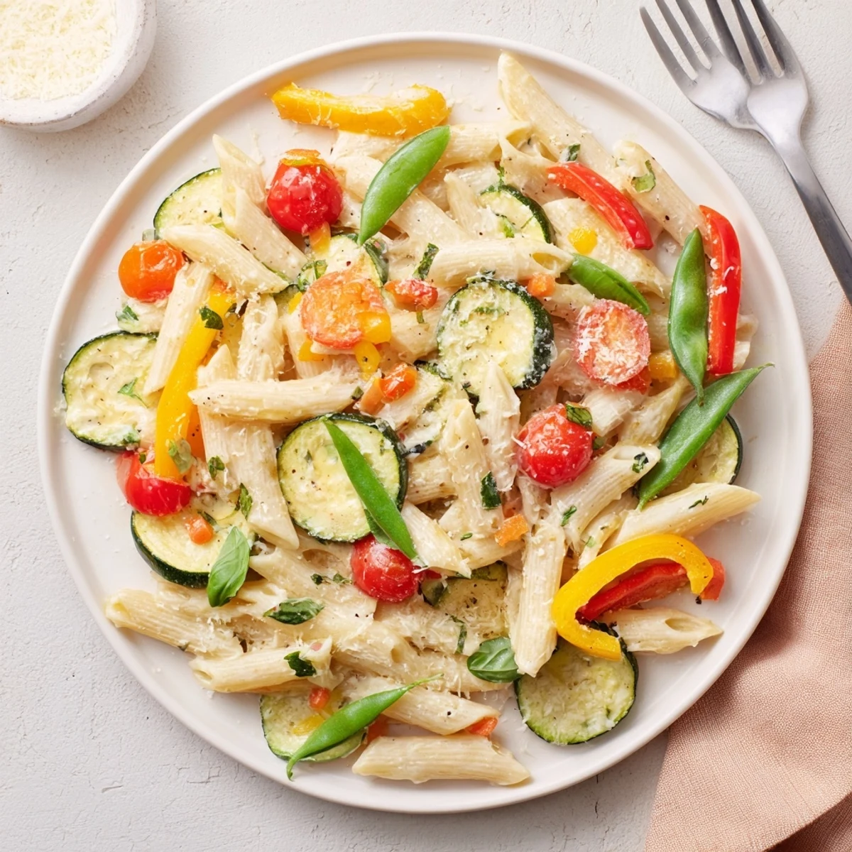 Creamy One-Pot Pasta Primavera with zucchini, bell peppers, and snap peas garnished with fresh basil.