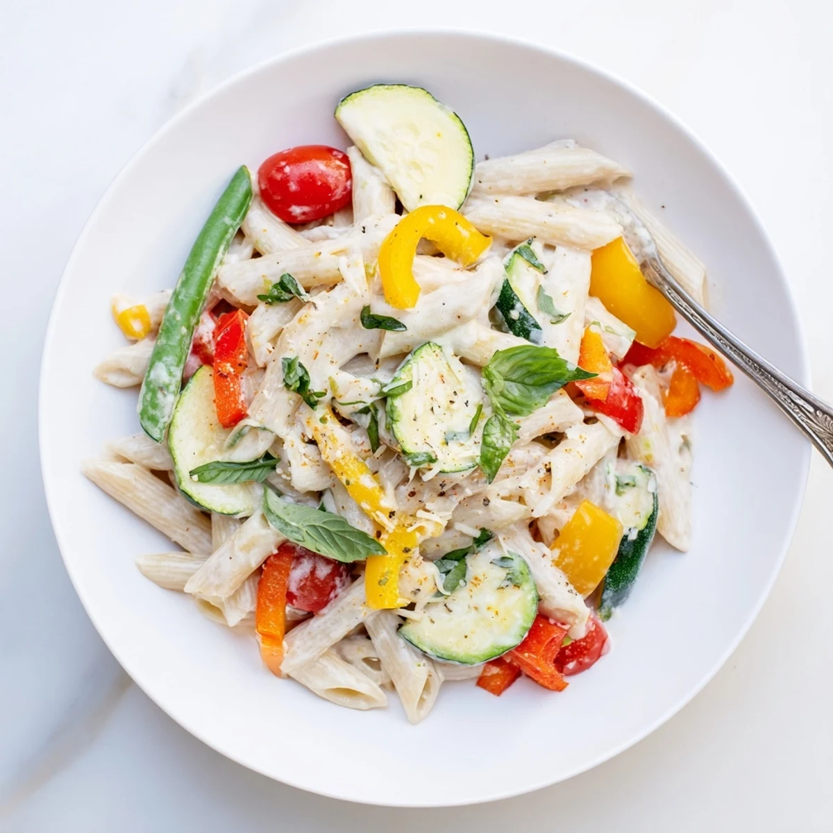Vibrant One-Pot Creamy Pasta Primavera topped with grated Parmesan, served hot beside a glass of white wine.