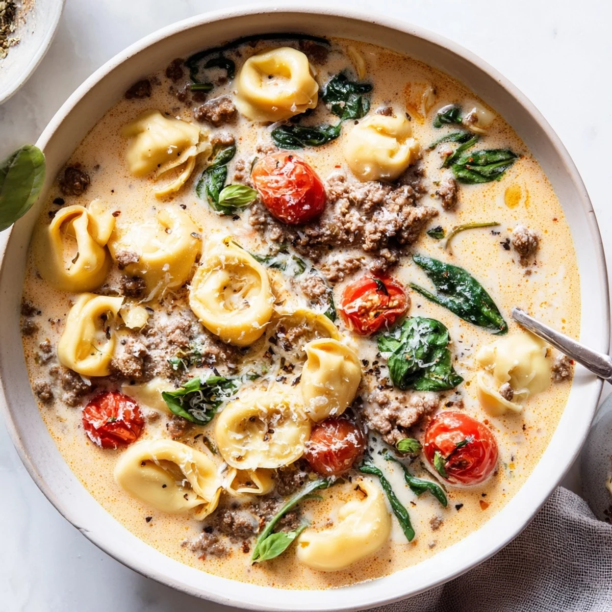 A steaming bowl of Tortellini Beef Soup with cheese-filled pasta, ground beef, and cherry tomatoes in a creamy broth, garnished with fresh basil.
