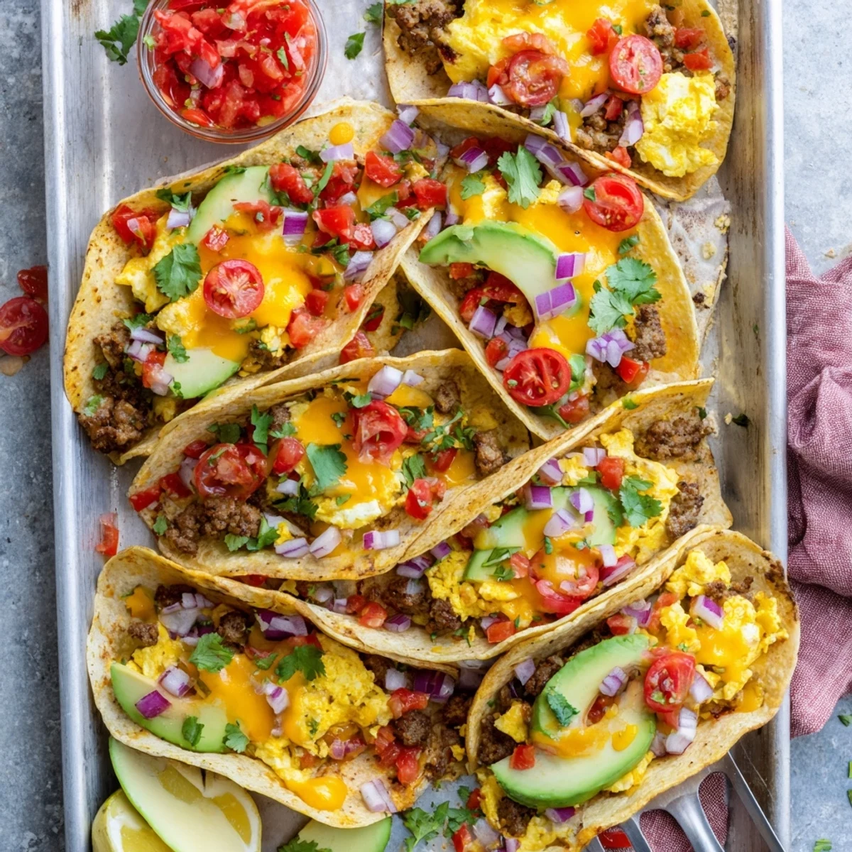 Golden-brown Sheet Pan Breakfast Tacos with fluffy eggs, melted cheese, and fresh pico de gallo.