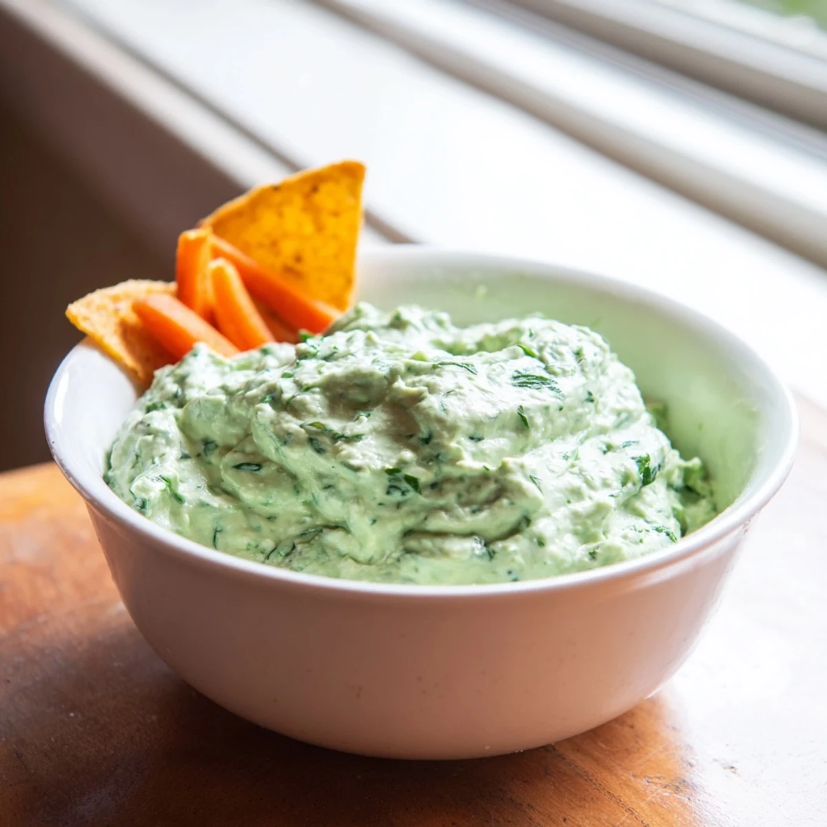 A bowl of vibrant green Green Goddess Salad Dip surrounded by crunchy tortilla chips and colorful fresh vegetable sticks for dipping.
