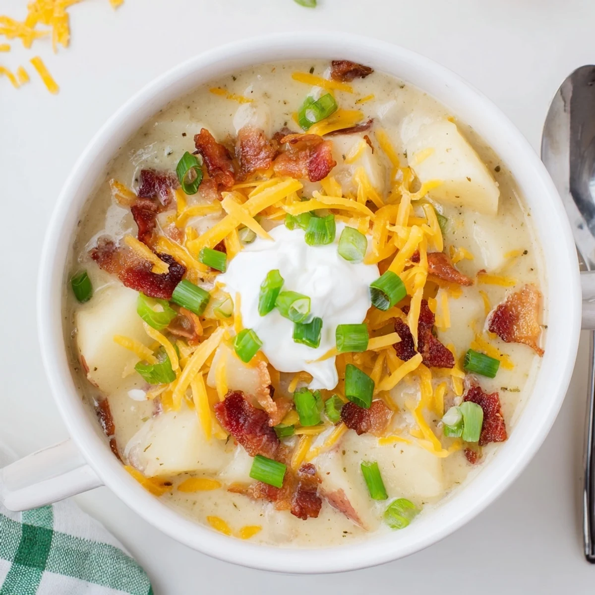 Steamy Loaded Baked Potato Soup with melted cheddar, crumbled bacon, and a dollop of sour cream.  