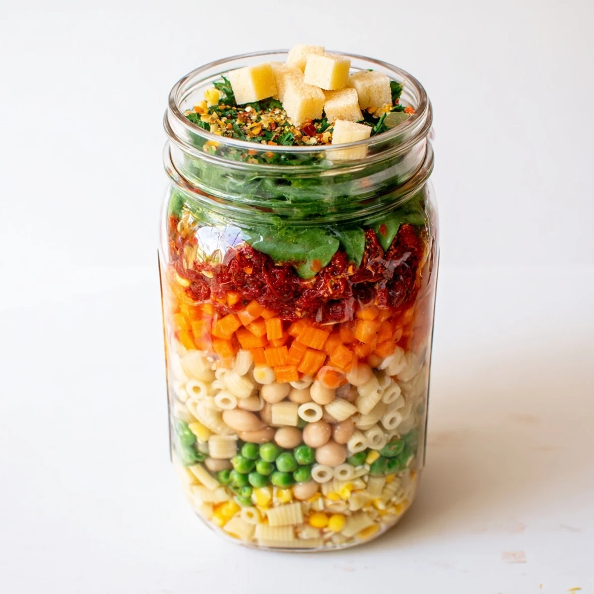 Vibrant layers of Minestrone Soup in Jar showcase diced carrots, lentils, and pasta, ready for a quick, nourishing meal.