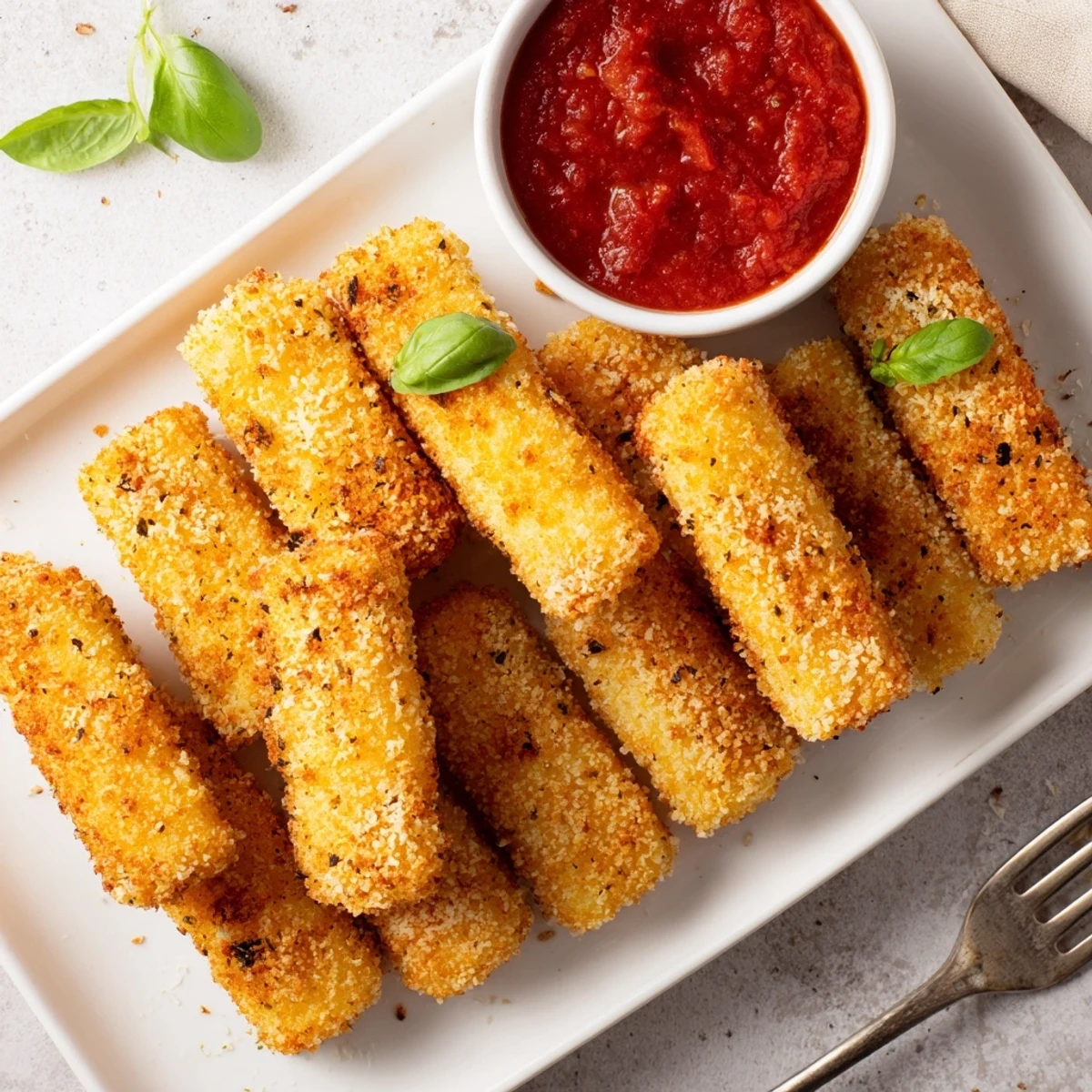 Crispy frozen mozzarella sticks cooked to perfection in the air fryer, with gooey melted cheese inside.  