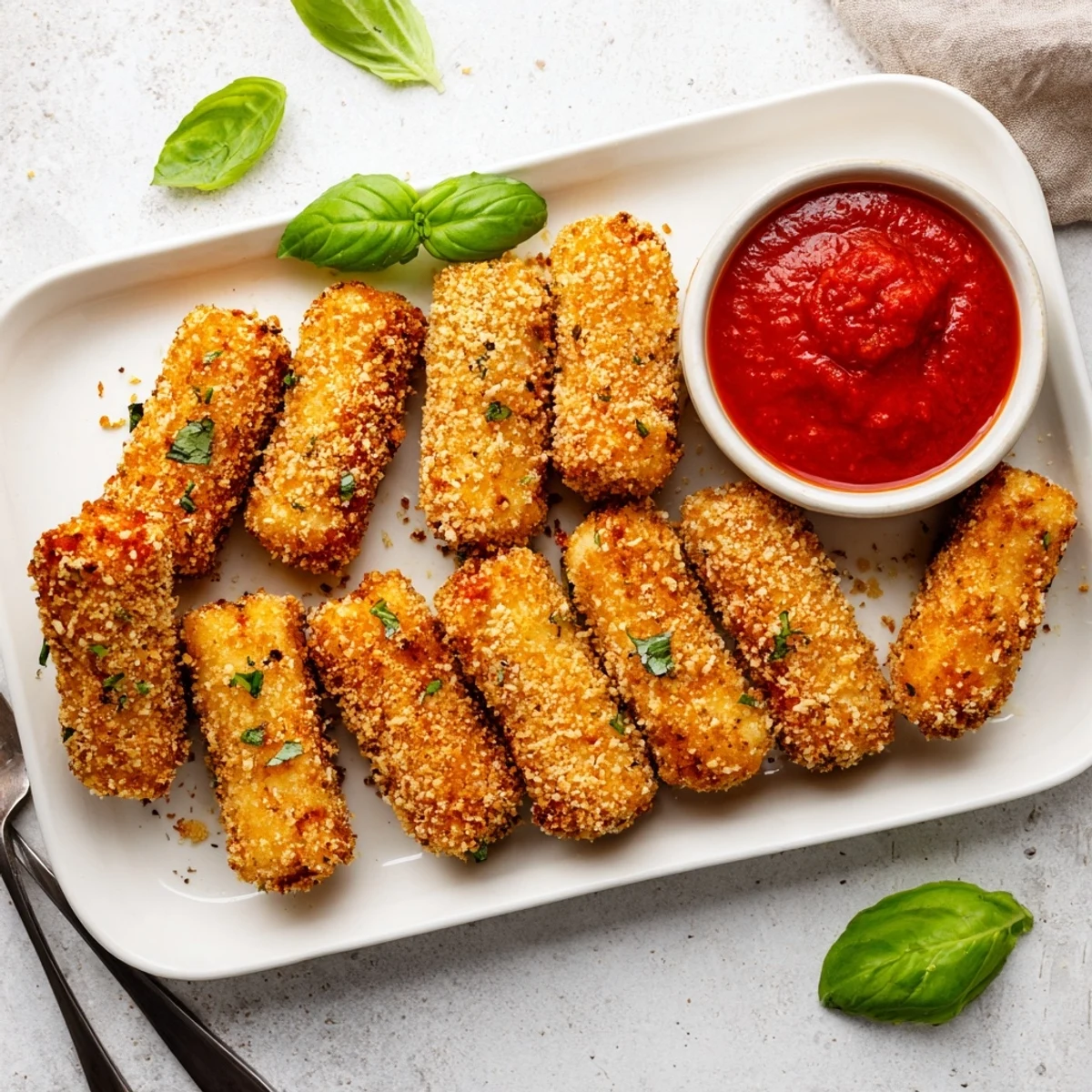 Golden-brown air fryer mozzarella sticks served warm with marinara dipping sauce and fresh basil garnish.  