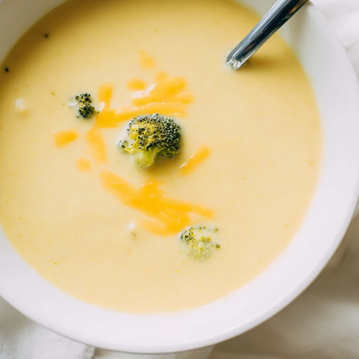 A bowl of creamy broccoli cheddar soup garnished with extra cheddar and roasted broccoli florets, ready to serve with crusty bread.