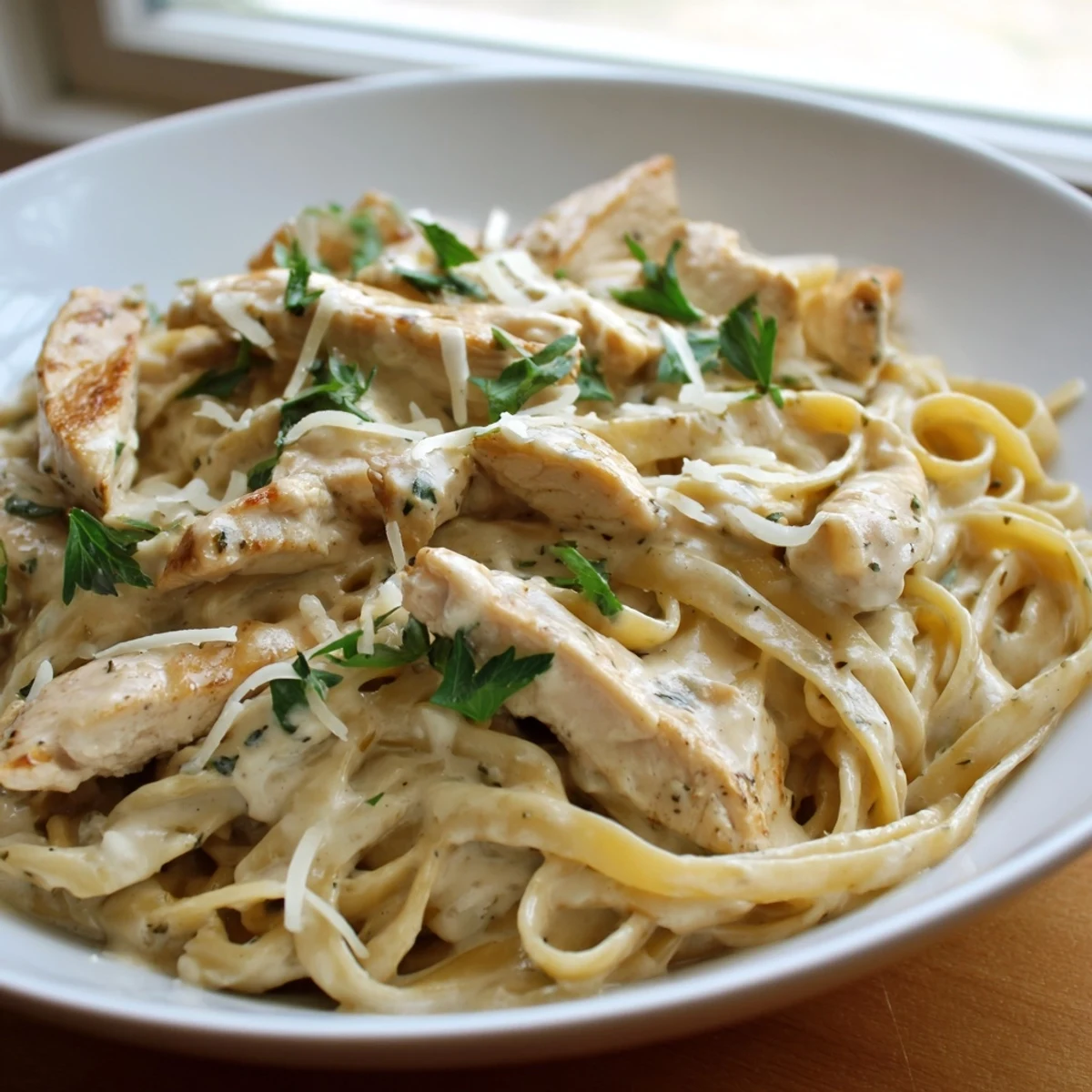 Creamy Skillet Chicken Alfredo features tender chicken strips and fettuccine tossed in a rich Parmesan garlic sauce, garnished with fresh parsley for a comforting weeknight meal.  