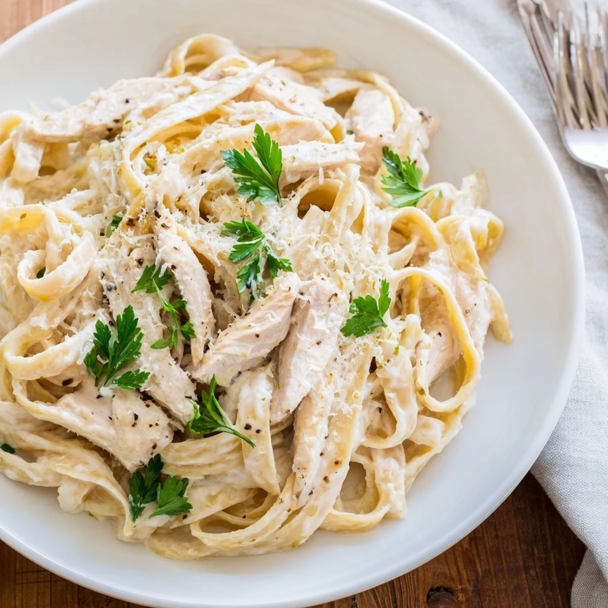 Golden skillet chicken Alfredo with perfectly coated pasta, creamy sauce, and a garnish of fresh parsley on a rustic wooden table, ready to serve.  