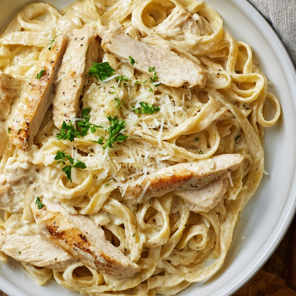 Sizzling Skillet Chicken Alfredo served hot from the pan, featuring al dente pasta and juicy chicken in a velvety Parmesan cream sauce.