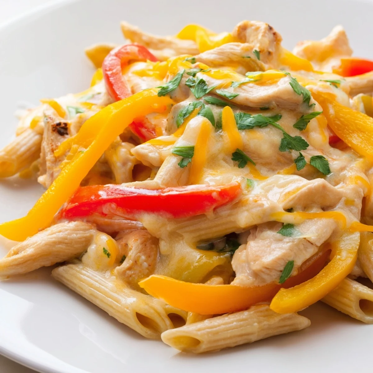 A steaming skillet of Chicken Fajita Pasta garnished with fresh cilantro and lime wedges, showcasing colorful peppers and melted cheese.