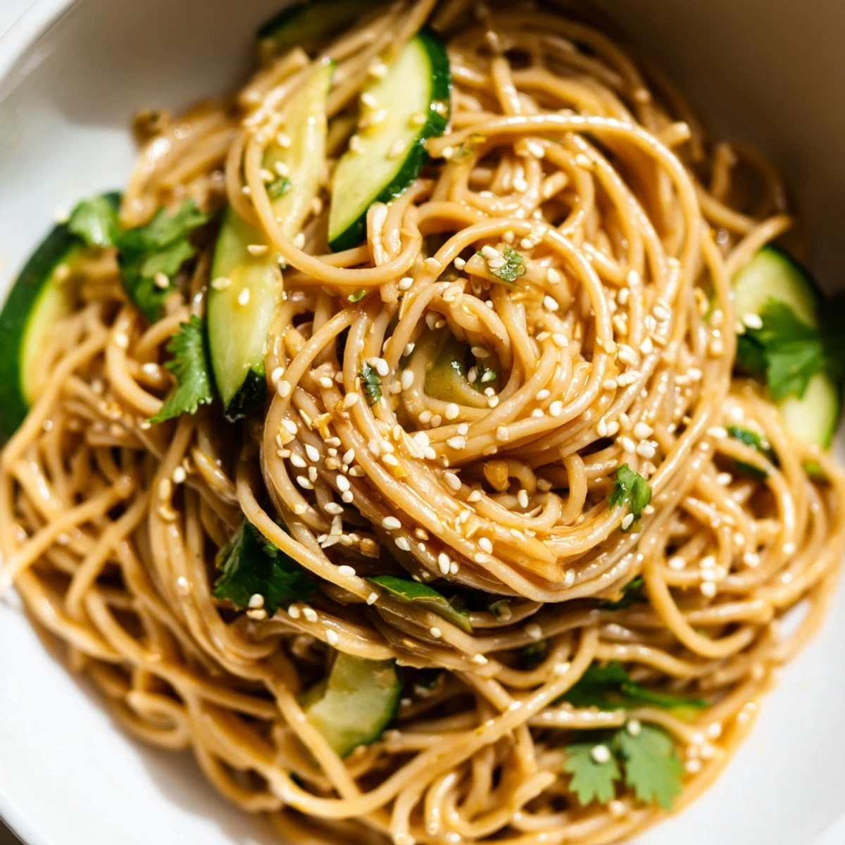 Freshly boiled noodles tossed in a spicy sesame-chili dressing with crisp cucumber slices and chopped peanuts in a white bowl.