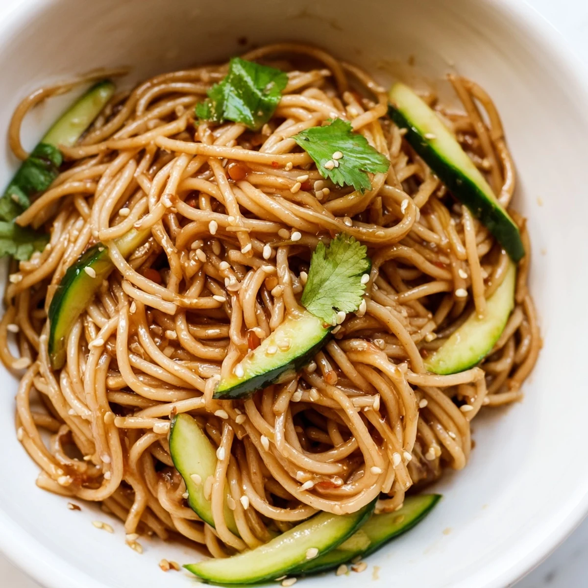 A close-up of Spicy Sesame Noodle Salad showcasing glistening noodles, vibrant veggies, and chili oil, ready to serve.