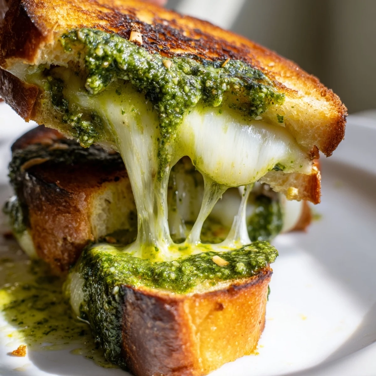 Spinach Pesto Grilled Cheese sandwich with gooey melted mozzarella and cheddar on golden, crispy sourdough.