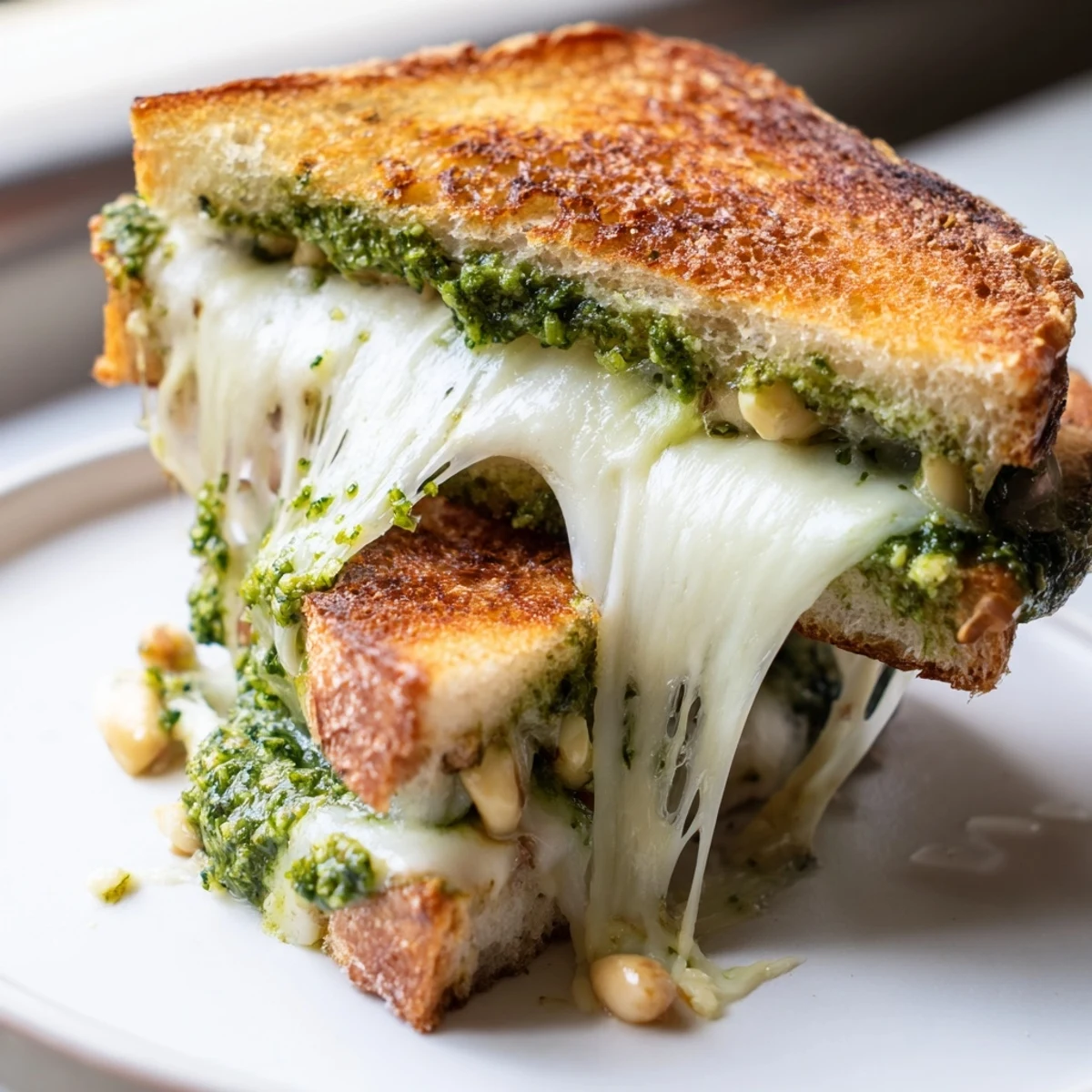 Warm Spinach Pesto Grilled Cheese slices with basil pesto and melted cheese, served beside a green salad.