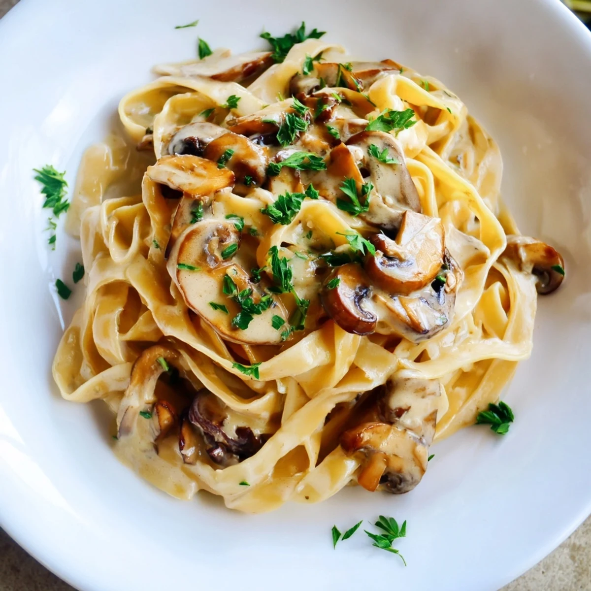 Creamy Mushroom Alfredo pasta in a skillet, sautéed mushrooms and garlic simmering in a luscious cream sauce.  