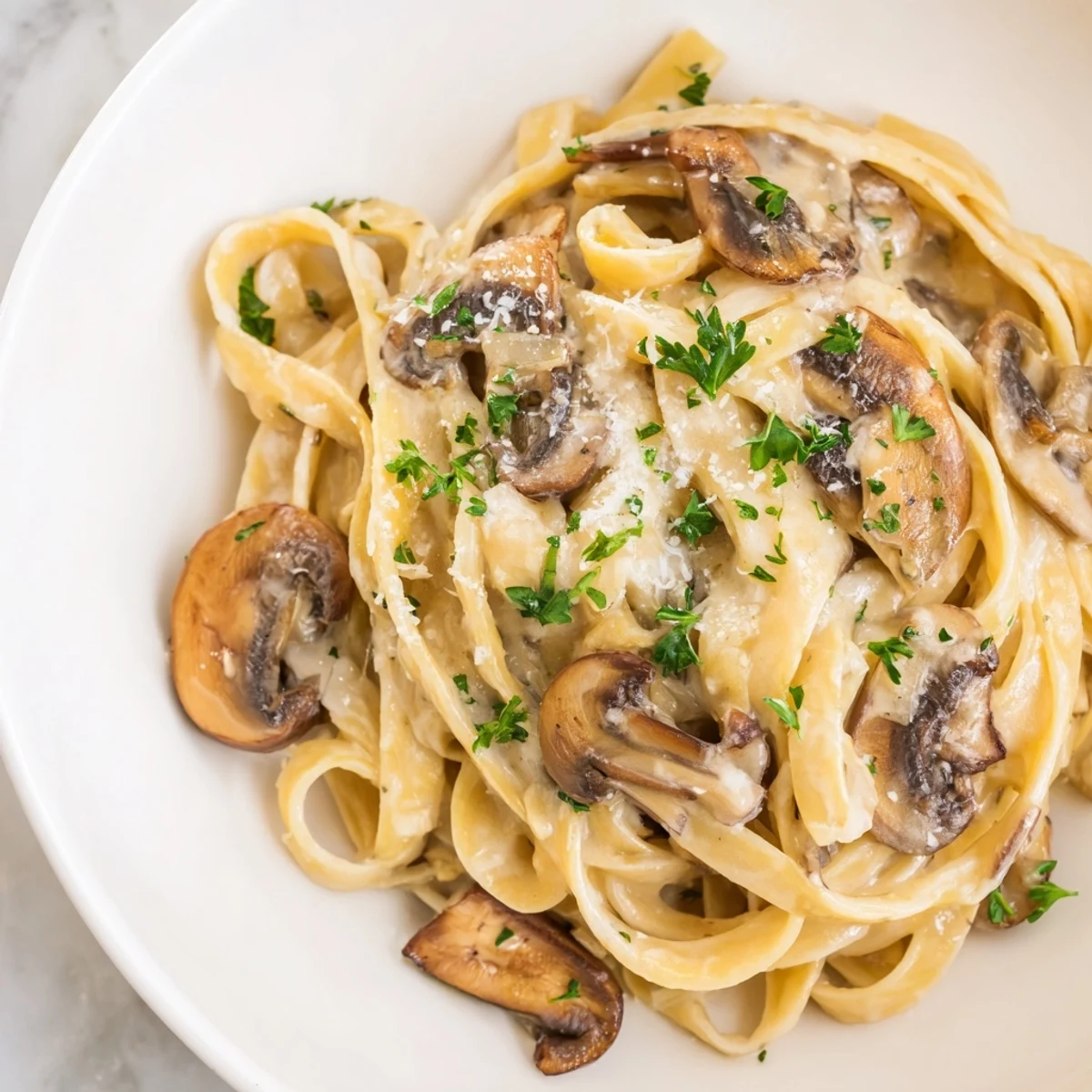 Steaming plate of creamy mushroom Alfredo twirled on a fork, garnished with fresh parsley and extra Parmesan.