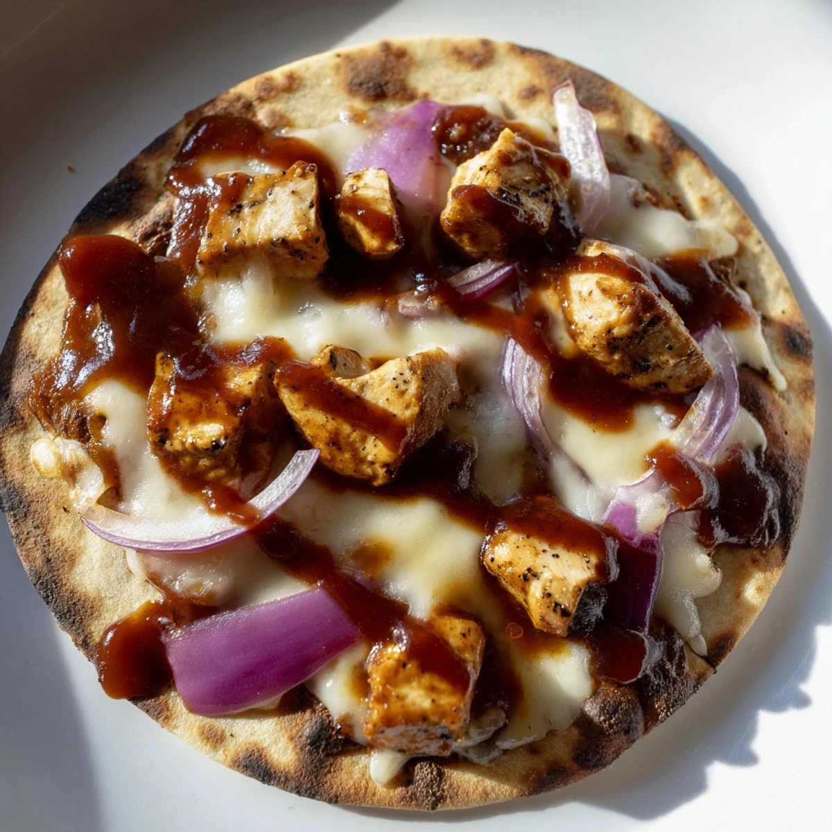 Golden-brown BBQ Chicken Flatbread with melted mozzarella, diced grilled chicken, red onions, and a drizzle of tangy BBQ sauce on a wooden board.  