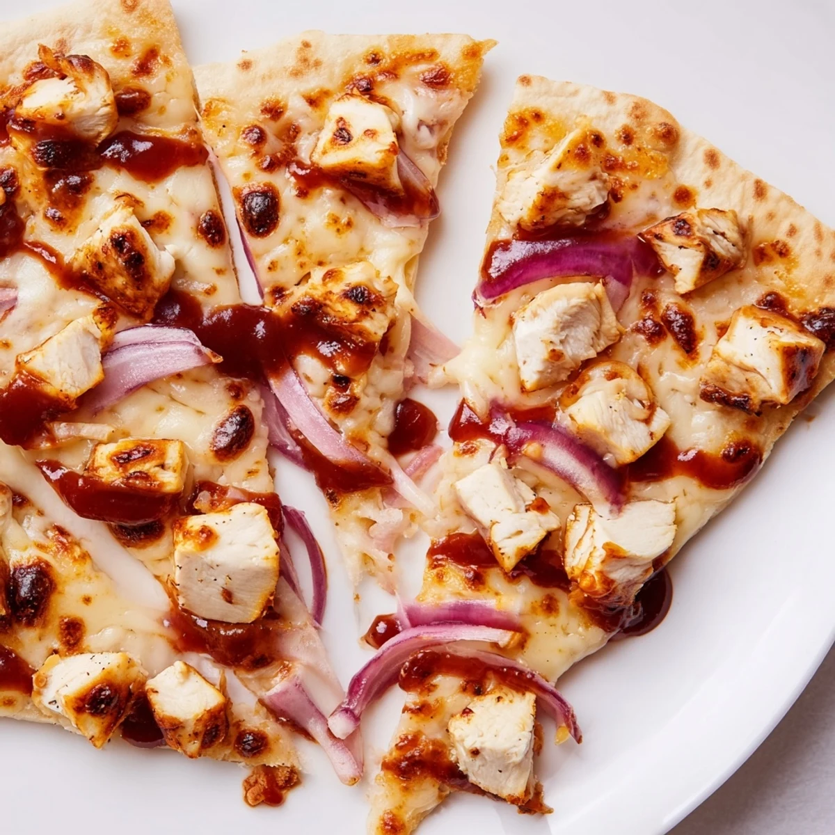 Close-up of a BBQ Chicken Flatbread slice showing tender chicken, sweet red onion, and gooey cheese on a crispy crust.  