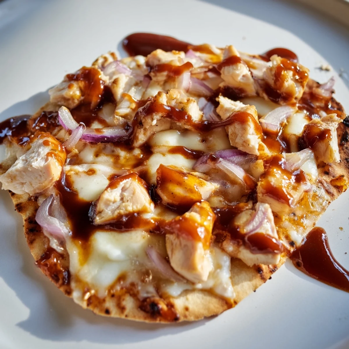 Freshly baked BBQ Chicken Flatbread topped with cilantro, served with a glass of chilled rosé on a rustic table.