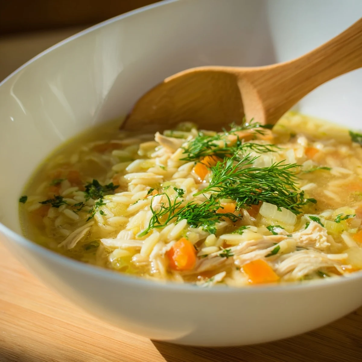 A steaming bowl of Chicken Lemon Orzo Soup, garnished with fresh dill, served hot with crusty bread on the side.