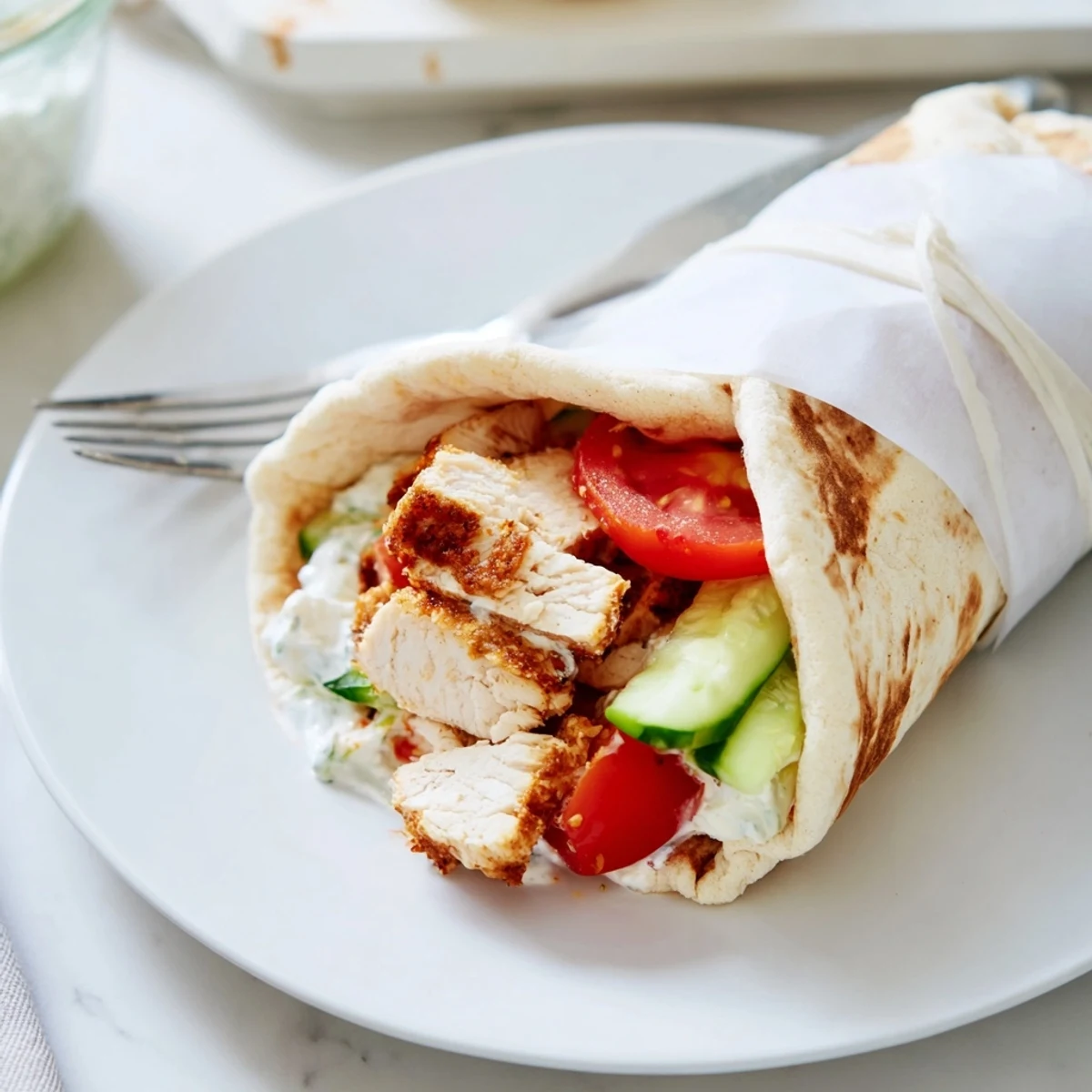 Grilled chicken, crisp cucumber, and creamy tzatziki tucked into a soft pita for a fresh Greek Chicken Wrap.