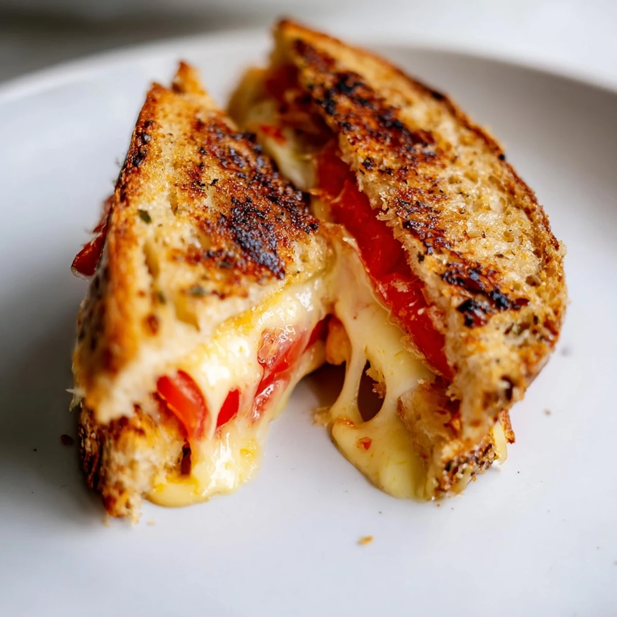 Pepper Jack & Tomato Grilled Cheese resting on a rustic wooden cutting board, garnished with fresh black pepper and a side of tomato soup for dipping.  