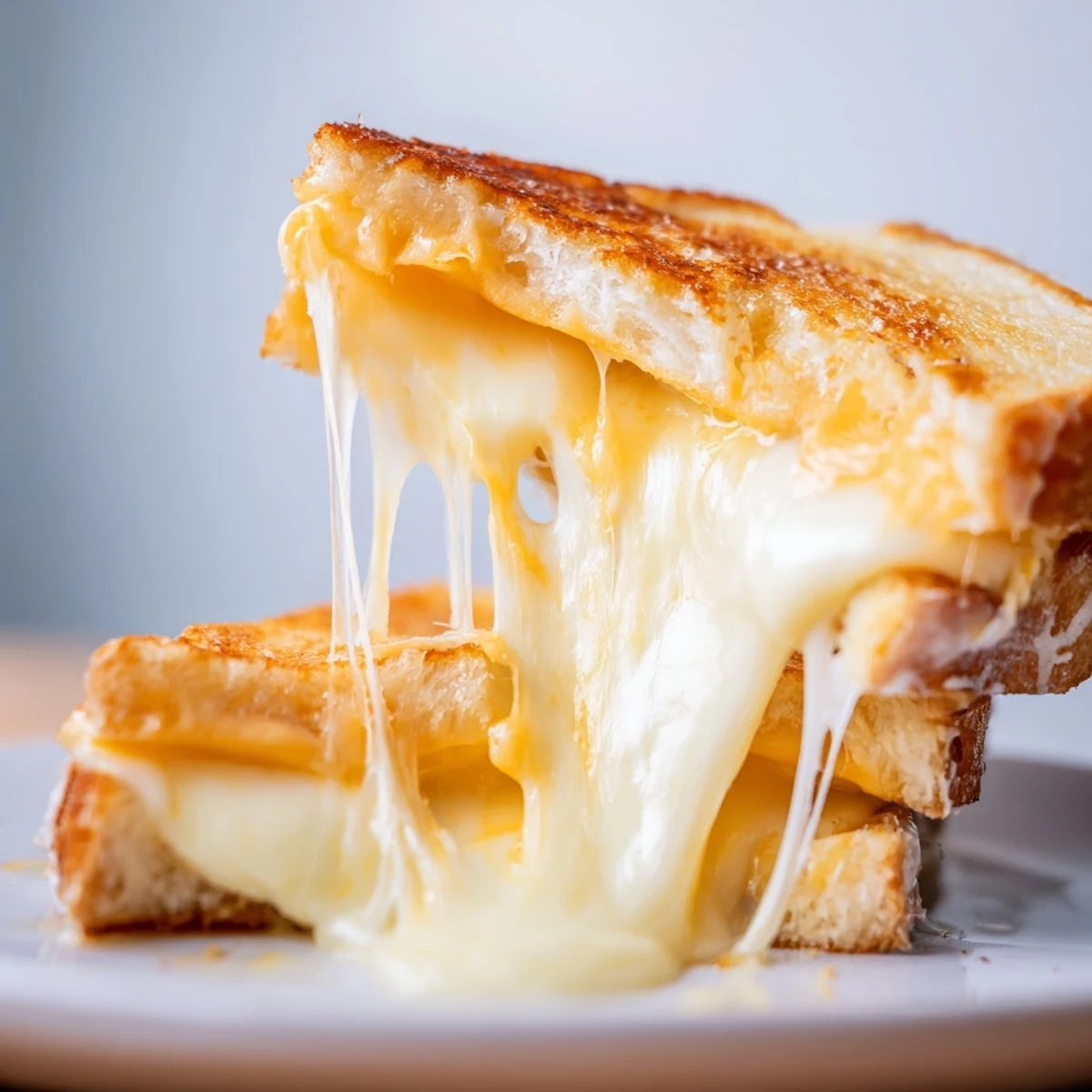 A close-up view shows a Triple Cheese Sourdough Grilled Cheese on a cutting board, oozing melted cheese and perfectly toasted bread.