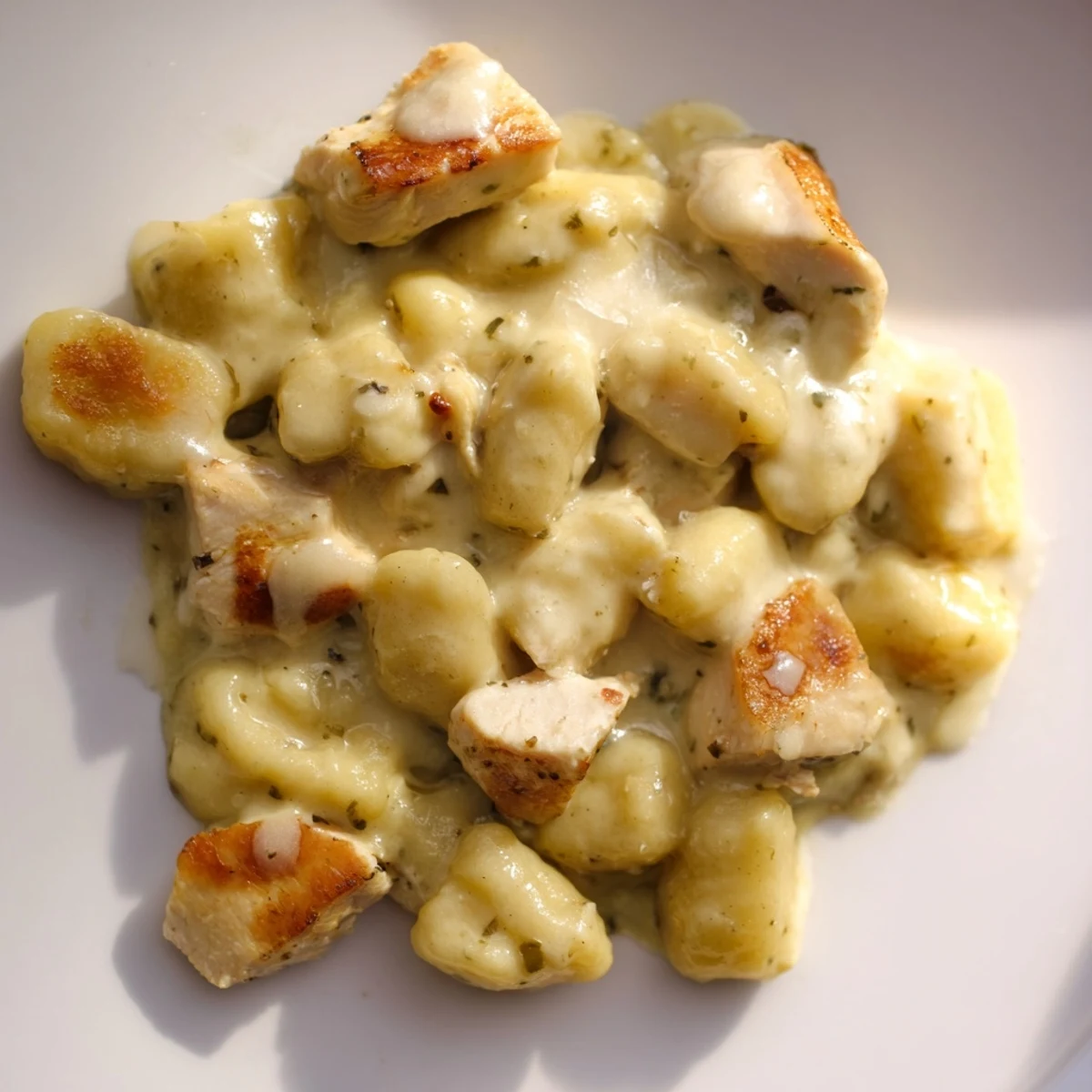 Golden pan-crisped gnocchi and tender chicken bites smothered in a vibrant, creamy basil pesto sauce, served hot and garnished with fresh herbs.  