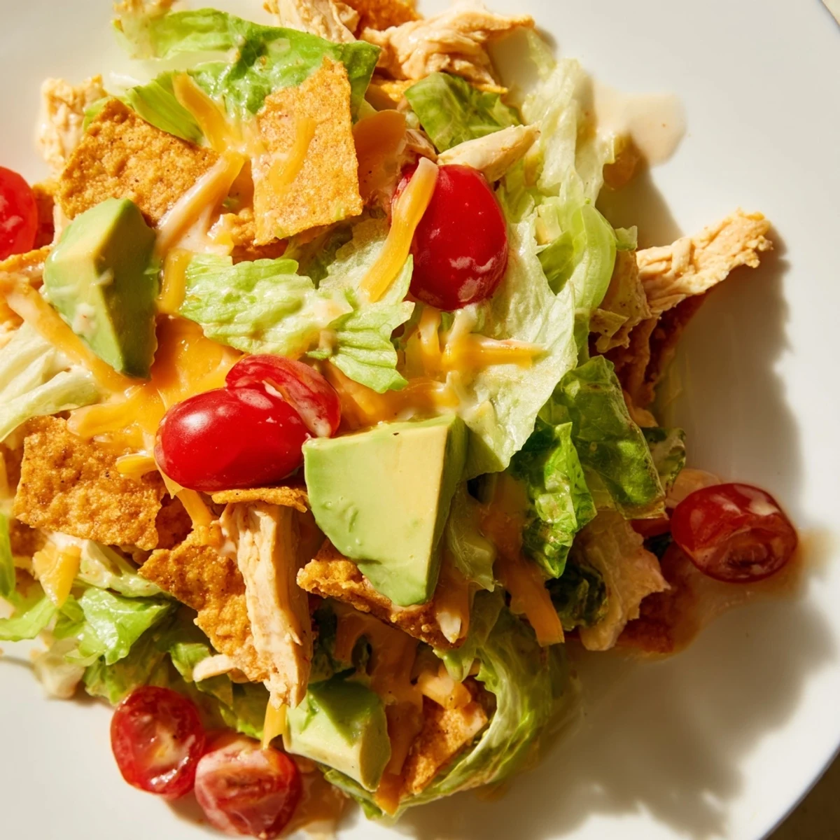 Freshly sliced seasoned taco chicken sits atop a colorful salad bowl with chopped romaine, cherry tomatoes, and black beans.  