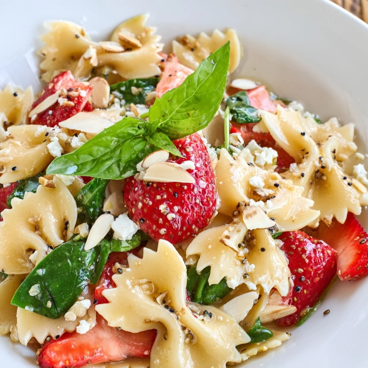 Vibrant Spring Spinach Strawberry Pasta Salad tossed with feta and fresh basil, served in a white bowl.