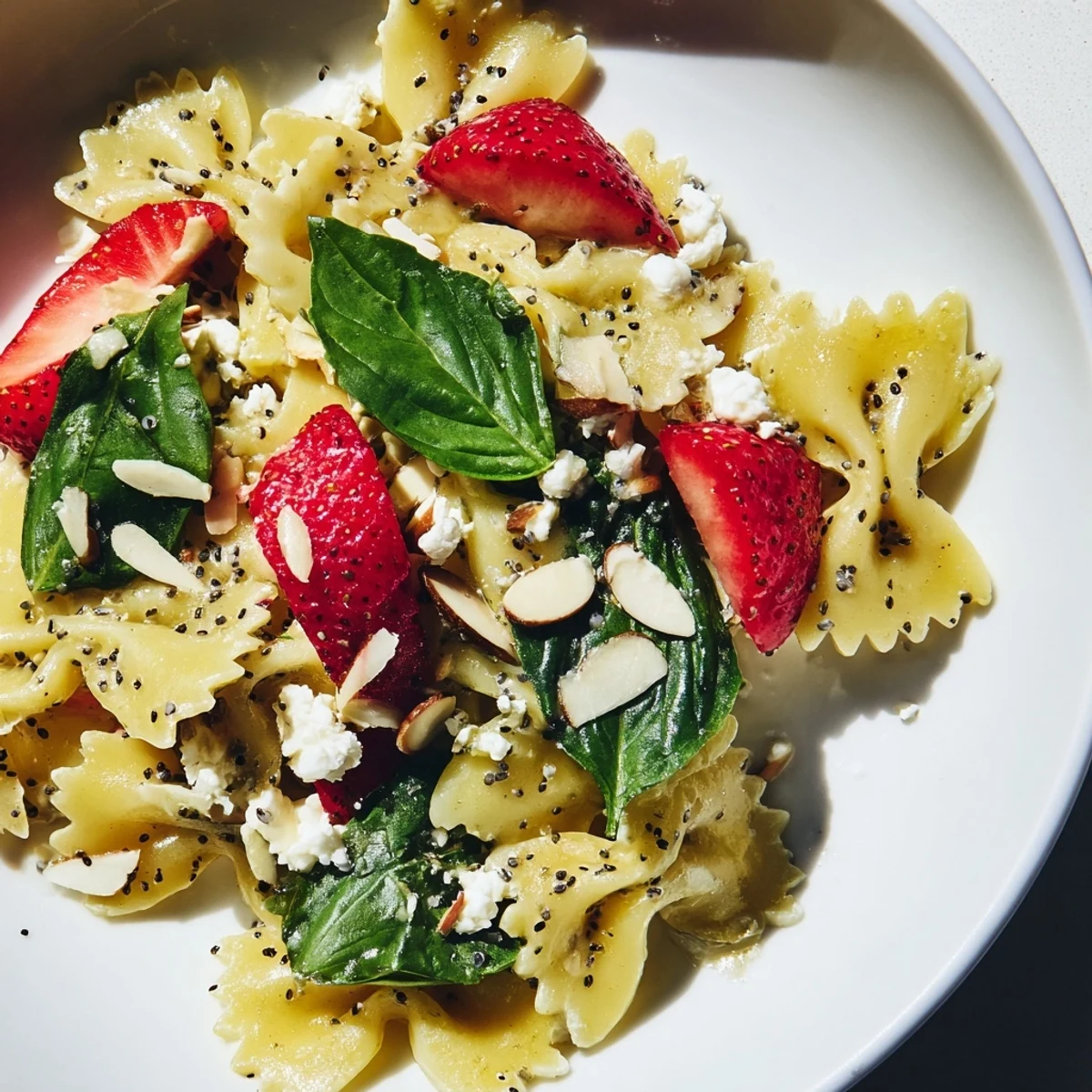 Bow-tie pasta salad with fresh spinach, sweet strawberries, and toasted almonds in a poppy seed dressing.