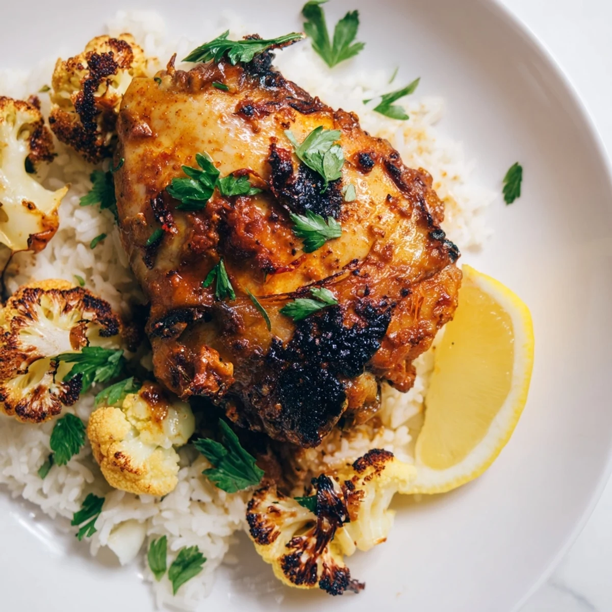 Golden roasted cauliflower chicken sheet pan with seasoned thighs and tender florets, served over fluffy basmati rice and garnished with fresh parsley and lemon wedges.  